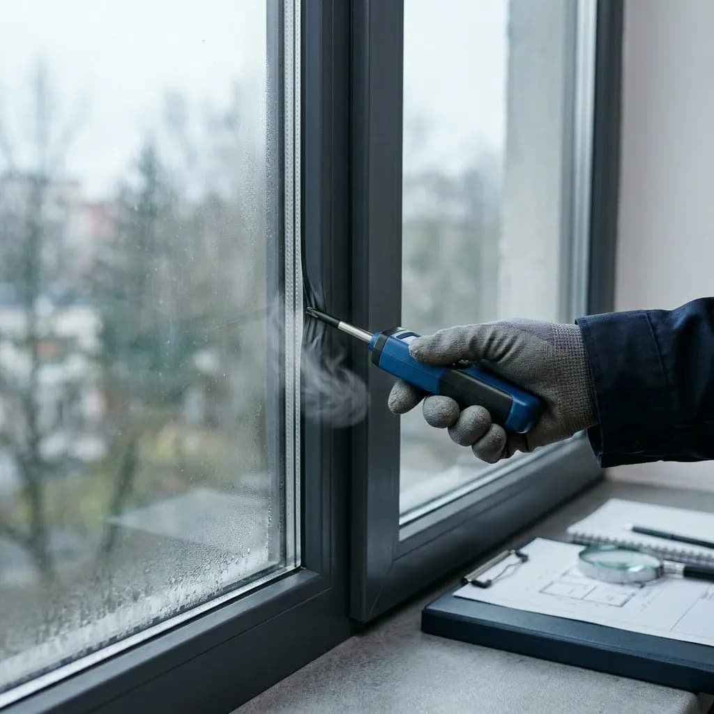 Handschuhbewehrte Hand hält Anemometer an einen dunklen Holzfensterrahmen mit beschlagener Glasscheibe.