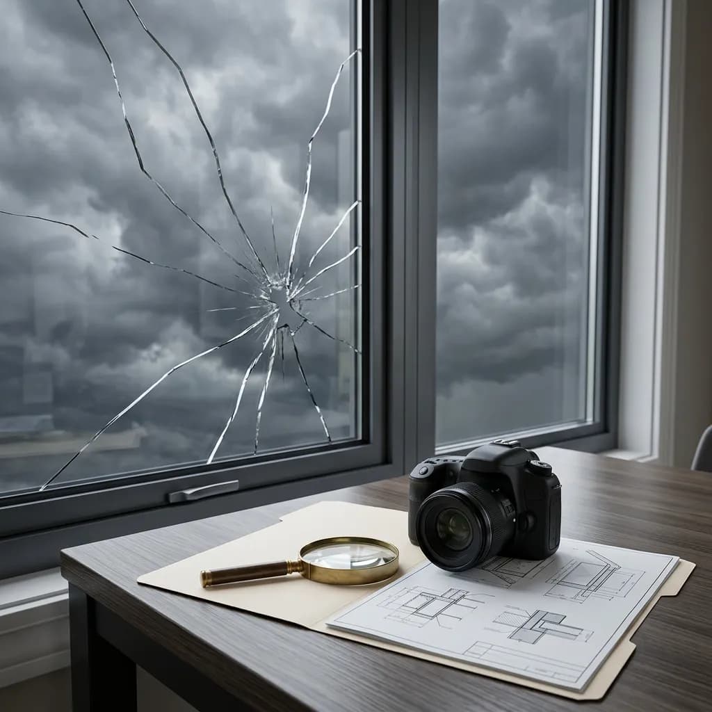 Zerbrochene Fensterscheibe vor Gewitterwolken, davor eine Kamera, Lupe und technische Baupläne auf einem Holztisch.
