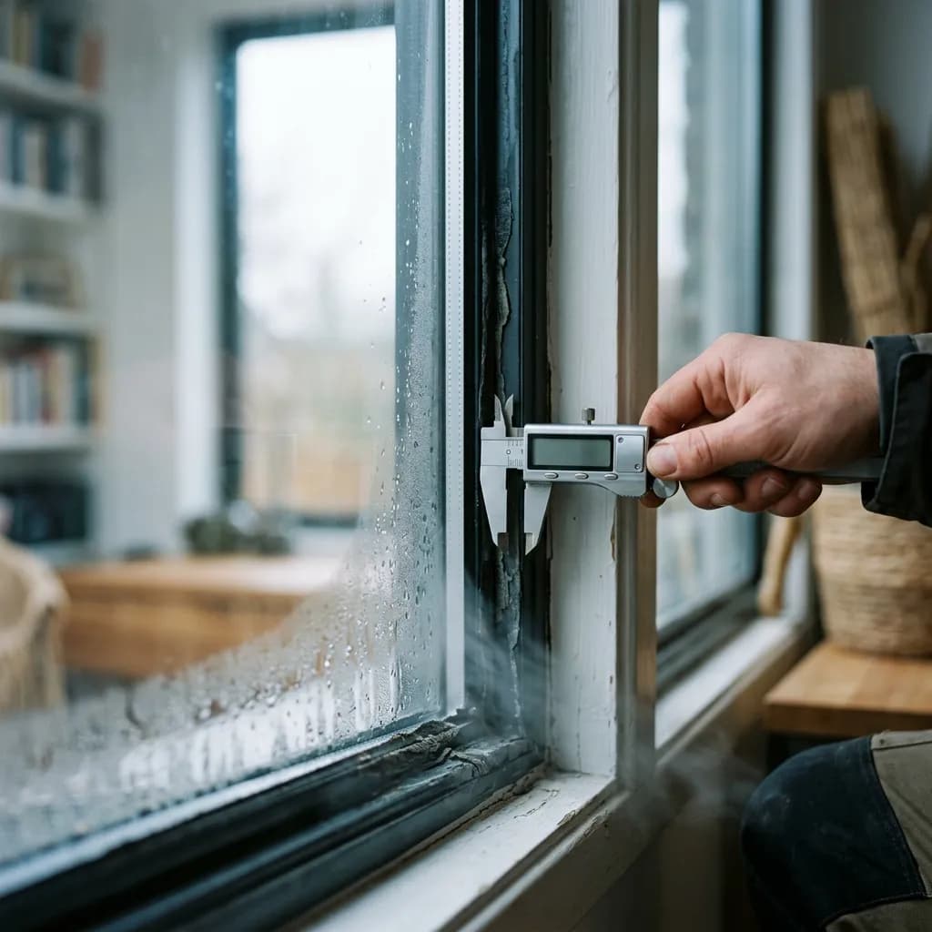 Hand eines Experten mit Messgerät an einem undichten Fenster mit Kondenswasser.
